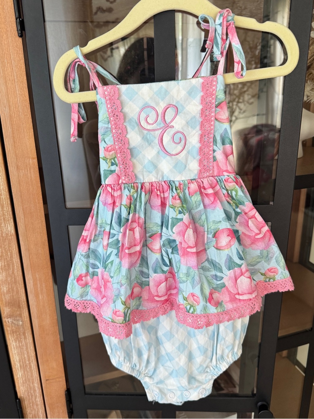E Monogram bubble romper embroidered floral toddler girl baby Ricrac & ruffles